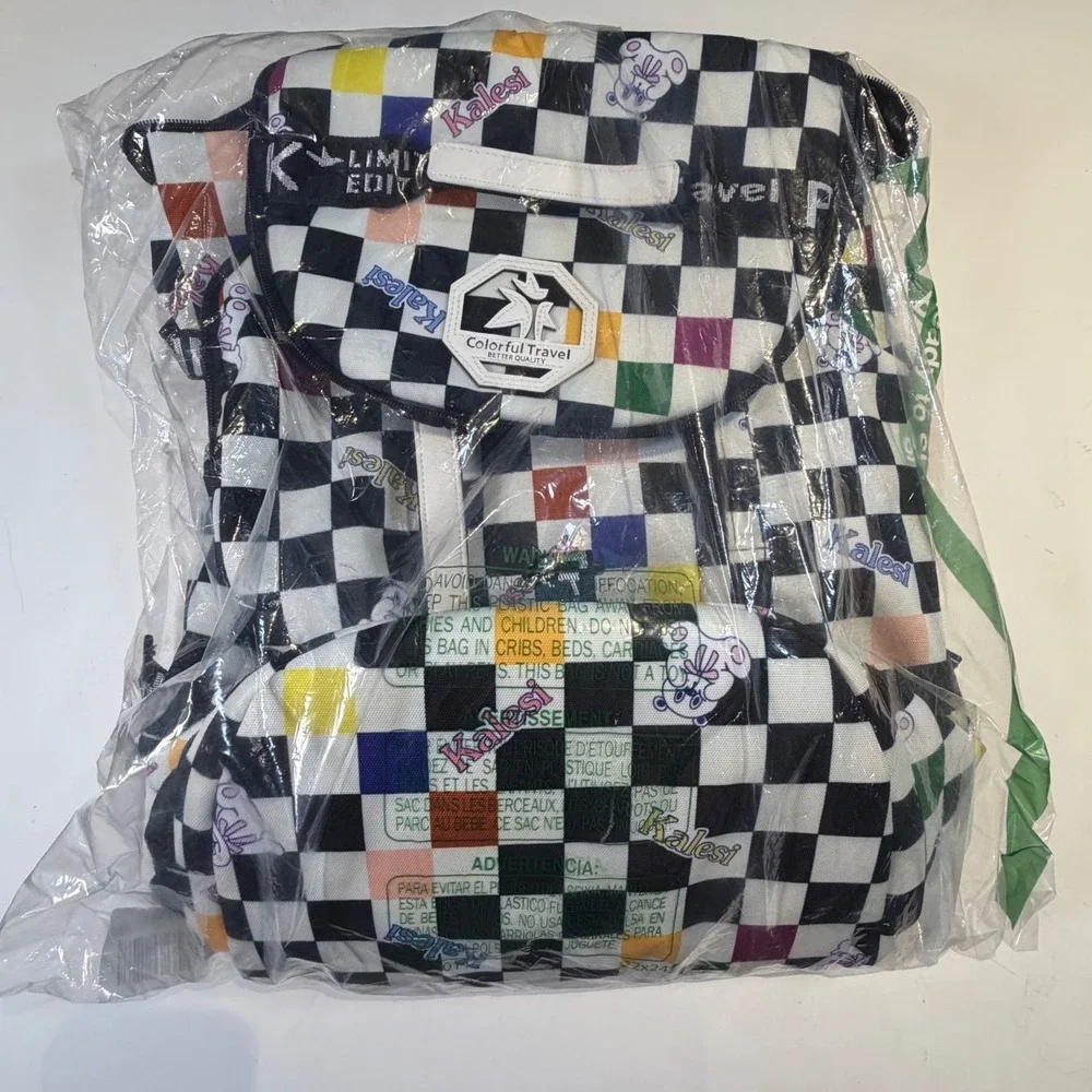 Kalesi Convertible Backpack Duffel Large Multicolor Checkered‎ Teddy Bear 20in
